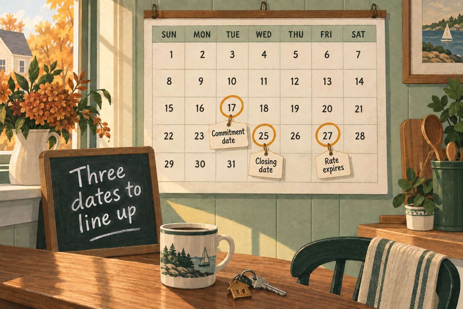 Illustration of a paper month calendar on a New England kitchen wall with three days ringed in amber and a paper tag hanging from each: Commitment date on the 17th, Closing date on the 25th and Rate expires on the 27th, beside a chalkboard reading Three dates to line up