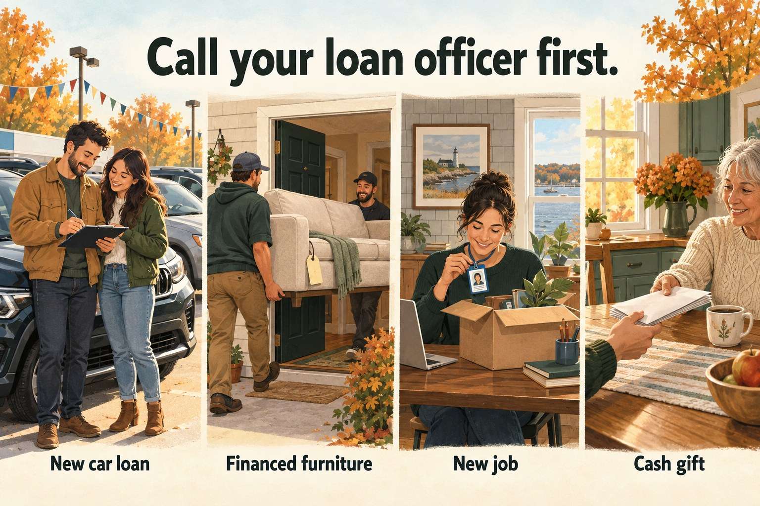 Illustration of four everyday moments under the headline Call your loan officer first: a young couple signing papers beside a car on a dealer lot, labeled New car loan, movers carrying a new sofa with a tag into an apartment, labeled Financed furniture, a woman at a desk with a new employee badge and a box, labeled New job, and an older woman handing an envelope across a kitchen table, labeled Cash gift