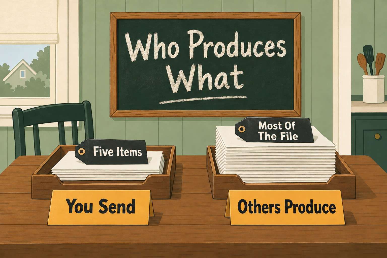 Illustration of a kitchen table holding two wooden document trays, under a chalkboard reading Who Produces What. The left tray holds a thin stack of paper carrying a charcoal tag that reads Five Items, with an amber card in front of it reading You Send. The right tray holds a stack several times taller, tagged Most Of The File, with an amber card in front reading Others Produce.
