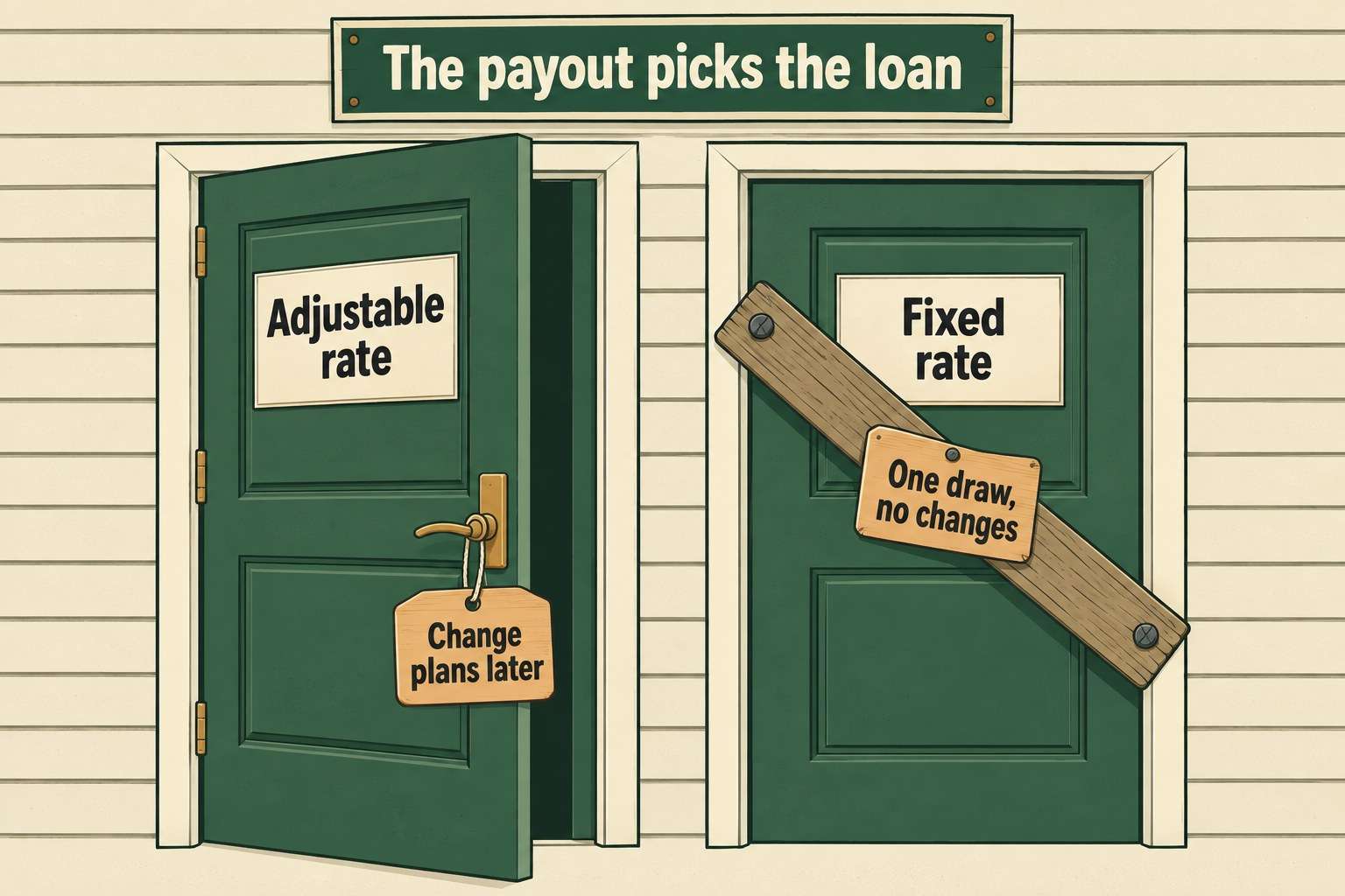 Illustration of two identical dark green doors in a cream clapboard wall. The left door, its panel reading Adjustable rate, stands open a few inches with a tag on its handle reading Change plans later. The right door, its panel reading Fixed rate, is shut with a heavy timber plank bolted diagonally across it and a tag on the plank reading One draw, no changes. A sign above both doors reads The payout picks the loan.